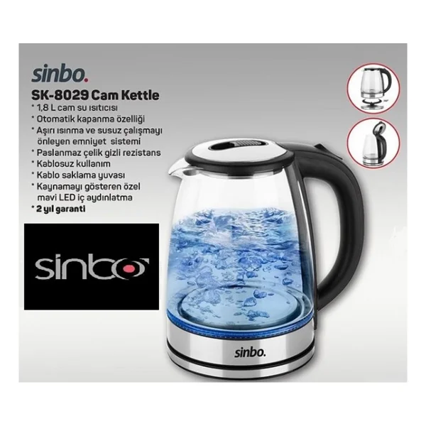 Sinbo 1,8 Litre Cam Su Isıtıcı - Paslanmaz Çelik Gizli Rezistans, Otomatik Kapanma Özelliği, Mavi LED Işıklı, Enerji Tasarruflu - Görsel 3
