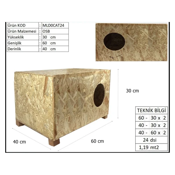 Reyo Kedi Evi Dış Ortam Uygun Ahşap Kedi Evi Osb 60 X 40 X 30 Cm - Cat24 - Görsel 6