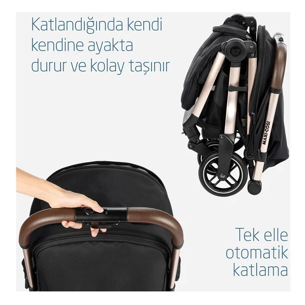 Maxi-Cosi Eva Essential Black Champagne Otomatik Katlanan Kompakt Bebek Arabası - Görsel 8