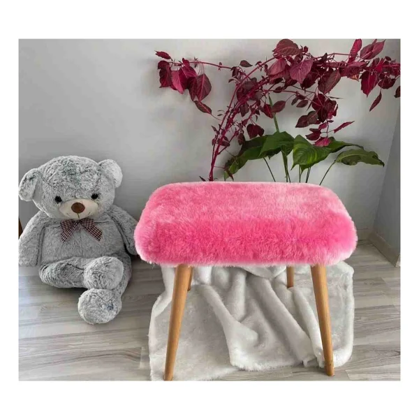 Beylerbeyi Ahşap Ayaklı Tedy Kumaş Dekoratif Puf Bench Makyaj Sandalyesi Oval - Turuncu - Görsel 3