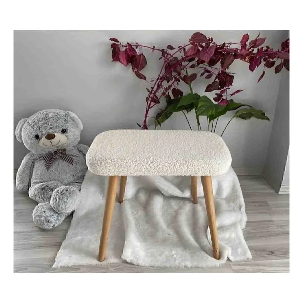 Beylerbeyi Ahşap Ayaklı Tedy Kumaş Dekoratif Puf Bench Makyaj Sandalyesi Oval - Turuncu - Görsel 4