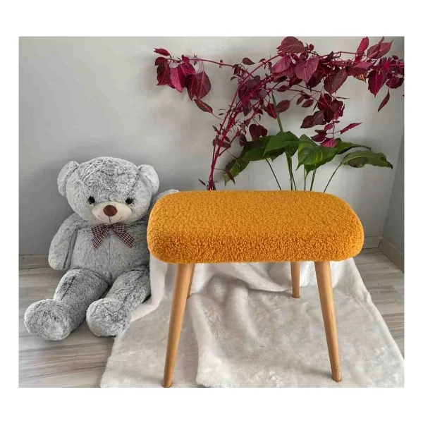 Beylerbeyi Ahşap Ayaklı Tedy Kumaş Dekoratif Puf Bench Makyaj Sandalyesi Oval - Turuncu