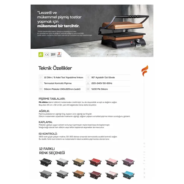 Feris Ft3011 12 Dilim Mürdüm 1800 W Döküm Sanayi Tipi Tost Makinesi - Görsel 4