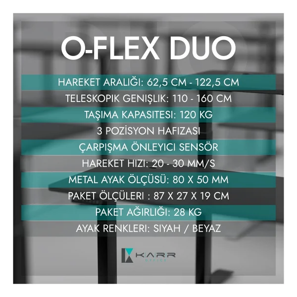 Karr Office O-Flex Duo 140x70 Cm Çift Motorlu Elektrikli Beyaz Yükseklik Ayarlı Çalışma Masası - Görsel 4