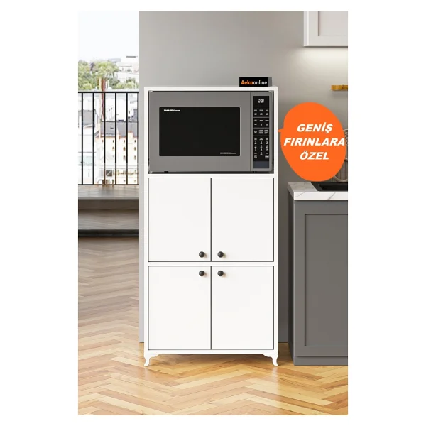 Aeka Ae-2065 Nergis Beyaz Çok Amaçlı Mutfak Dolabı&Banyo Dolabı, 4 Kapaklı, Mikrodalga Fırın Dolabı,Raflı - Görsel 7