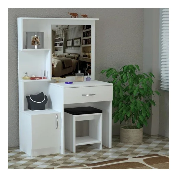 Aeka Ae-4002 Novella Puflu Aynalı Makyaj Masası, Dolaplı, Çekmeceli, Raflı, Beyaz, Minderli, Tuvalet - Görsel 5