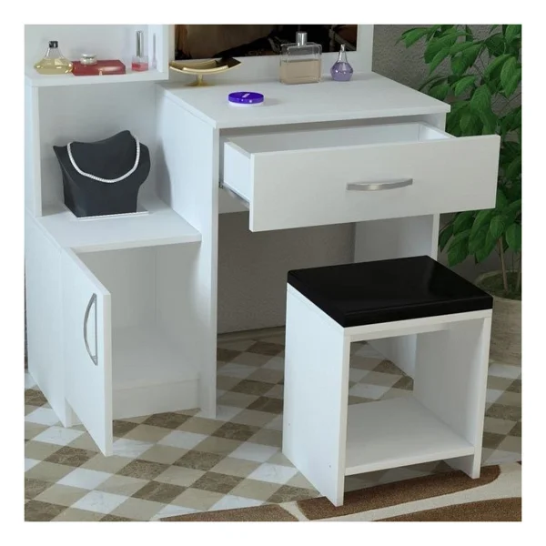Aeka Ae-4002 Novella Puflu Aynalı Makyaj Masası, Dolaplı, Çekmeceli, Raflı, Beyaz, Minderli, Tuvalet - Görsel 3