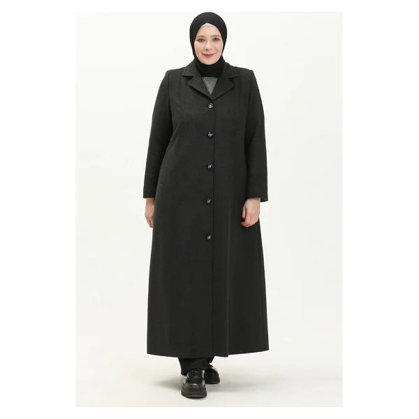 Sefa Merve Büyük Beden Boydan Düğmeli Kaşe Manto 0176-04 Füme - 44 - Görsel 7
