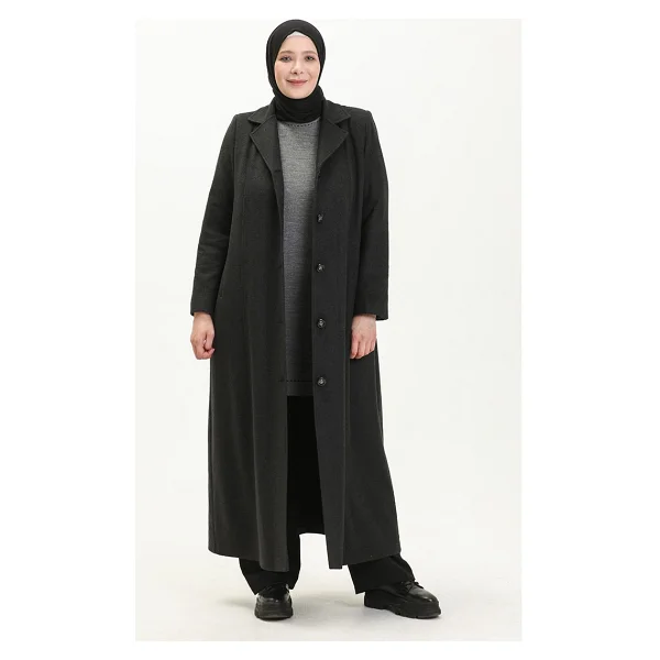 Sefa Merve Büyük Beden Boydan Düğmeli Kaşe Manto 0176-04 Füme - 44 - Görsel 3