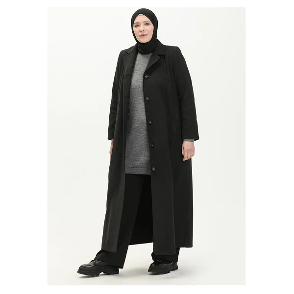 Sefa Merve Büyük Beden Boydan Düğmeli Kaşe Manto 0176-01 Siyah - 46 - Görsel 3