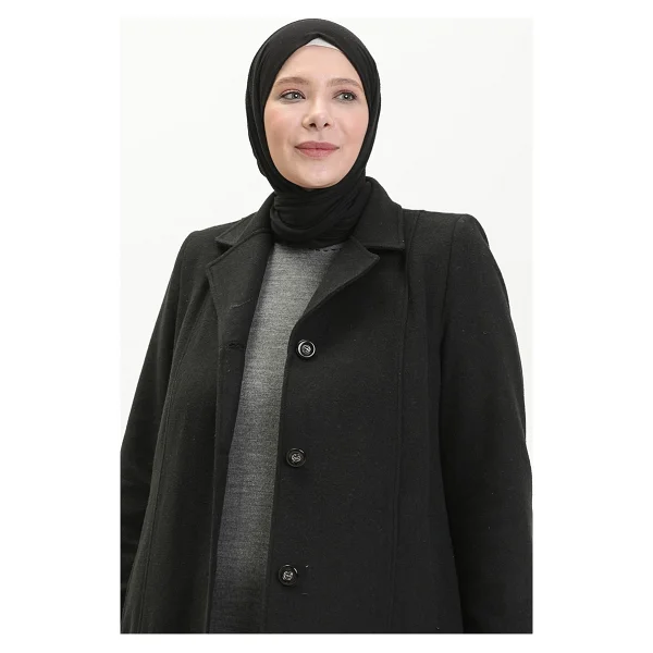 Sefa Merve Büyük Beden Boydan Düğmeli Kaşe Manto 0176-01 Siyah - 46 - Görsel 4