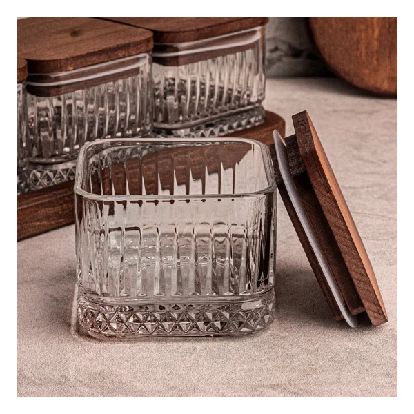 Snippy Bella Kare - 4 Parça Tepsili Ahşap Vakumlu Kapaklı Cam Kahvaltılık Çok Amaçlı Cam Çerezlik 230 Ml - Görsel 3