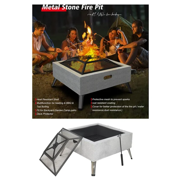 Somineco Metal 4 Parça Ithal Kare Katlanabilir Ayaklı Ateş Çukuru Mangal Şömine Bahçe Isıtma 70x70 Cm 05127 - Görsel 4