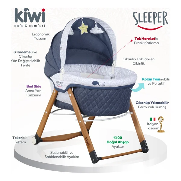 Kiwi Safe & Comfort Sleeper All İn One Kahverengi Sallanır Katlanır Ahşap Beşik - Görsel 2