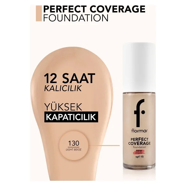 Flormar Perfect Coverage Yarı Parlak Bitişli Spf 15 130 Light Beige 30 Ml Likit Fondöten - Görsel 4
