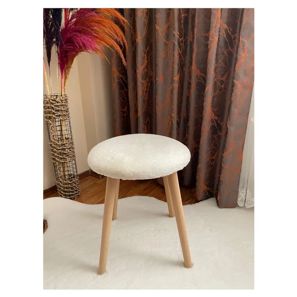 Bounteous Ahşap Ayak Dekoratif Peluş Puf Tabure Beyaz - 35 x 35