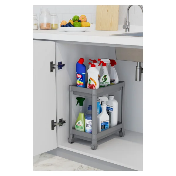 Mithra Life 2 Katlı Tekerlekli Tezgah Altı Gri Banyo Mutfak Rafı Mıt1123 - Görsel 6