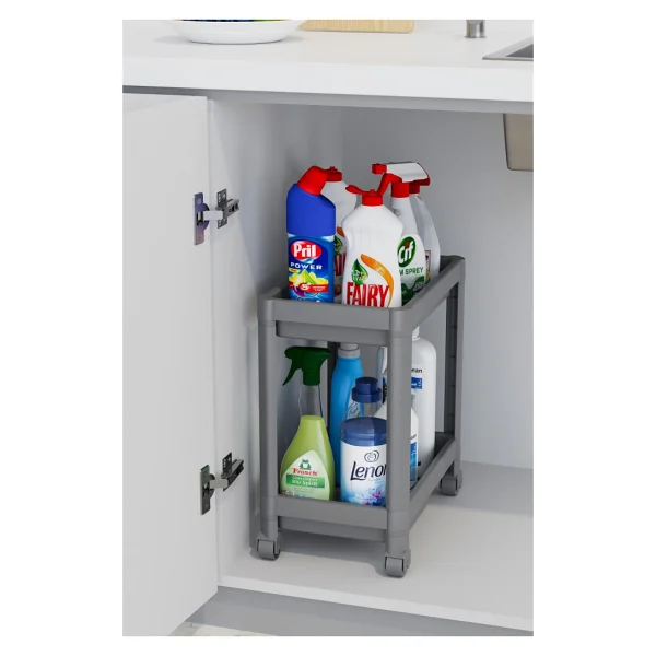 Mithra Life 2 Katlı Tekerlekli Tezgah Altı Gri Banyo Mutfak Rafı Mıt1123 - Görsel 2
