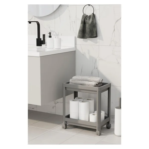 Mithra Life 2 Katlı Tekerlekli Tezgah Altı Gri Banyo Mutfak Rafı Mıt1123 - Görsel 4
