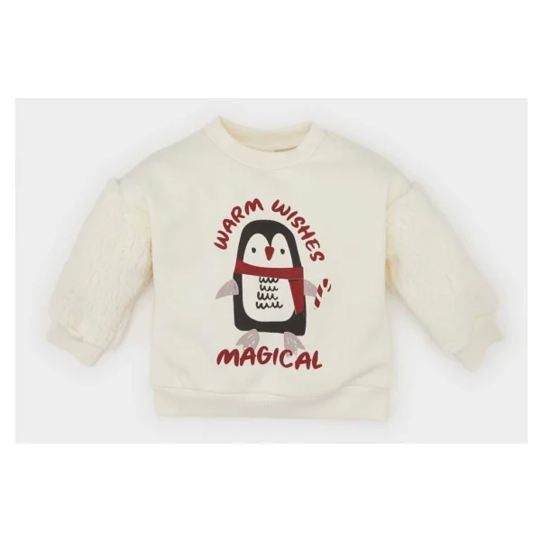 Defacto Kız Bebek Bisiklet Yaka Yılbaşı Temalı İçi Yumuşak Tüylü Sweatshirt D6229a524wner233 Ekru - Görsel 5