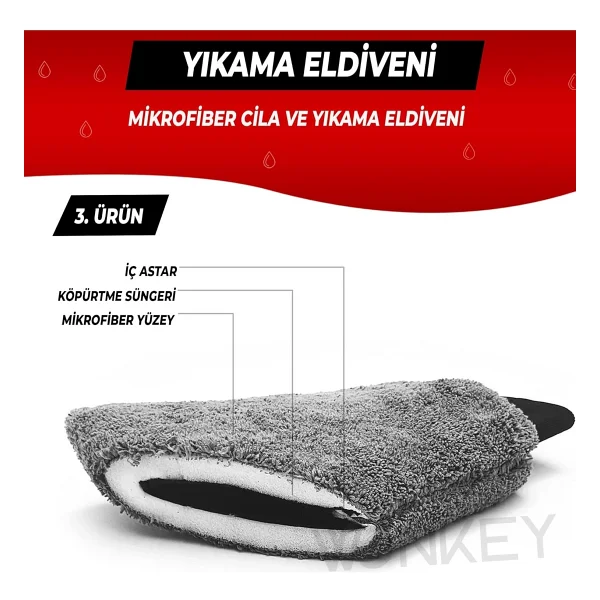 Wonkey - Mikrofiber Oto Yıkama Temizleme Seti Araç Kurulama Havlusu + Otomobil Cam Bezi + Araba Yıkama Eldiveni Paketi (3'lü Set) - Görsel 2