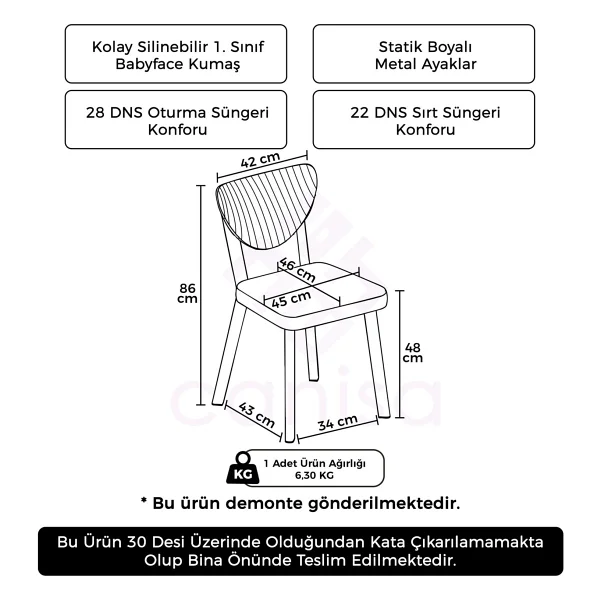 Canisa Arfe Serisi 4 Adet Mutfak Sandalyesi Beyaz Metal Iskeletli Babyface Kumaş - Gri - Görsel 3
