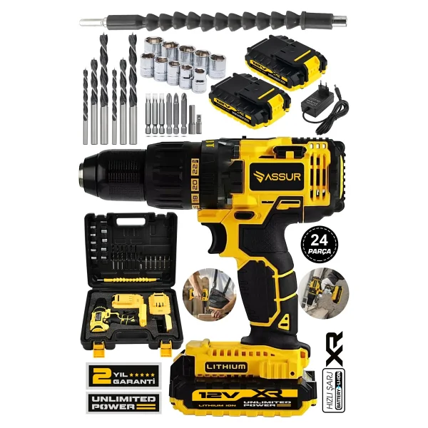 Assur 12v 1.5ah Metal Şanzıman Çift Akülü Bakır Sargı 24 Parça Şarjlı Matkap Akülü Vidalama - Görsel 5