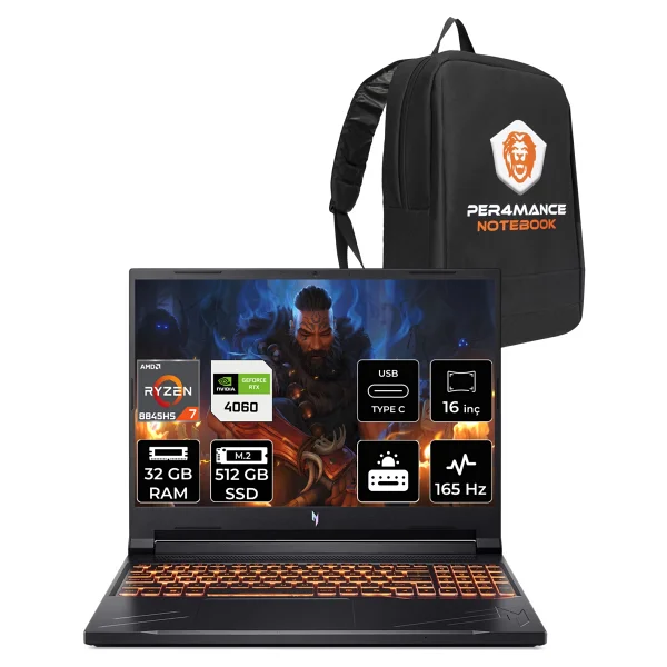 Acer Nitro V 16 Ryzen 7 8845HS RTX 4060 Gaming Laptop 32GB RAM 512GB SSD 16" FHD+ 165Hz FreeDOS + Per4 Çanta NHQRUEY003P317 - Görsel 5
