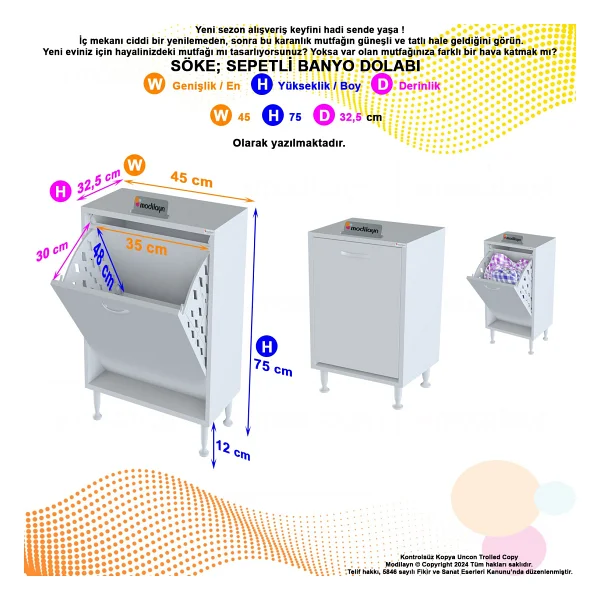 Modilayn Soke 45 X 75 X 32,5 Cm Kirli Camasir Sepetli Banyo Dolabi - Görsel 4