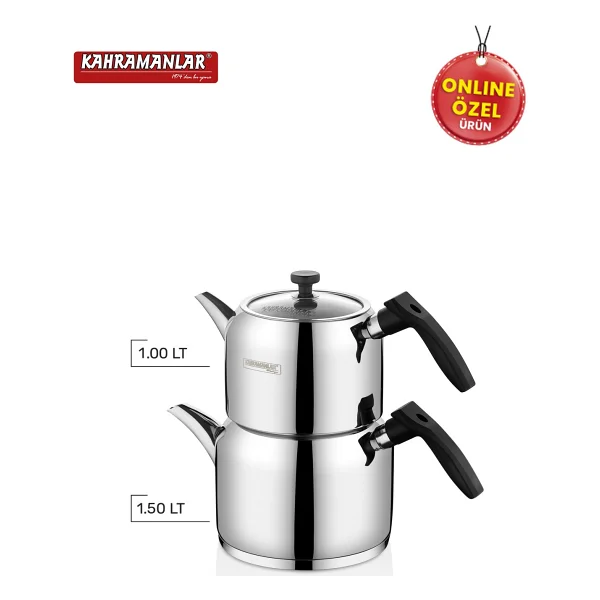 Kahramanlar Delux Mini Boy Çaydanlık Takımı 18/10 Paslanmaz Çelik Siyah Renk 4 Parça - Görsel 3