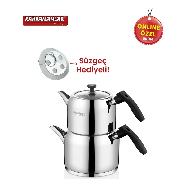 Kahramanlar Delux Mini Boy Çaydanlık Takımı 18/10 Paslanmaz Çelik Siyah Renk 4 Parça - Görsel 4