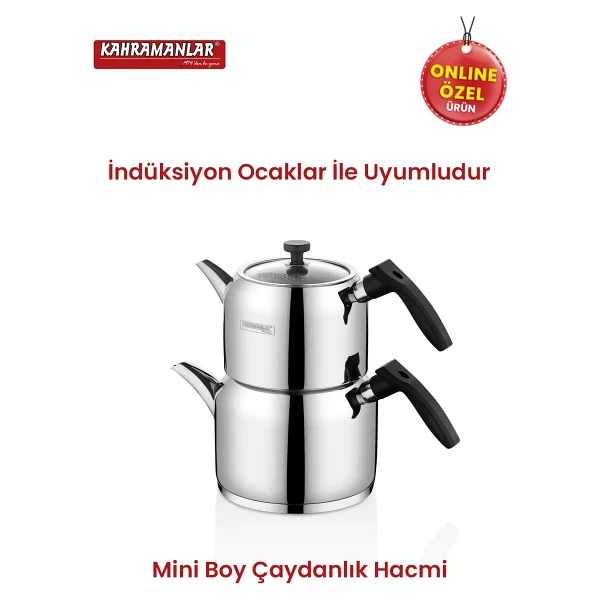 Kahramanlar Delux Mini Boy Çaydanlık Takımı 18/10 Paslanmaz Çelik Siyah Renk 4 Parça - Görsel 8