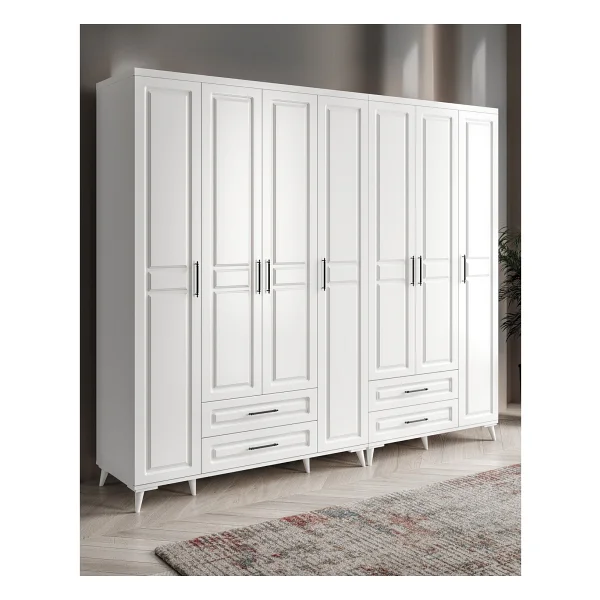 GuneyStore Ücretsiz Montaj - %100 MDF Gözde 7 Kapaklı Yüklüklü Beyaz Gardırop - MDF Dolap - Elbise Dolabı - Görsel 5