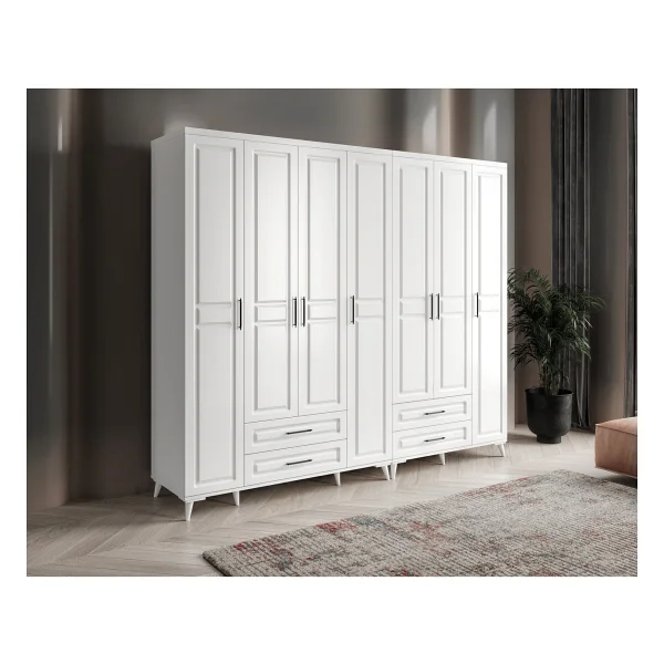 GuneyStore Ücretsiz Montaj - %100 MDF Gözde 7 Kapaklı Yüklüklü Beyaz Gardırop - MDF Dolap - Elbise Dolabı - Görsel 2