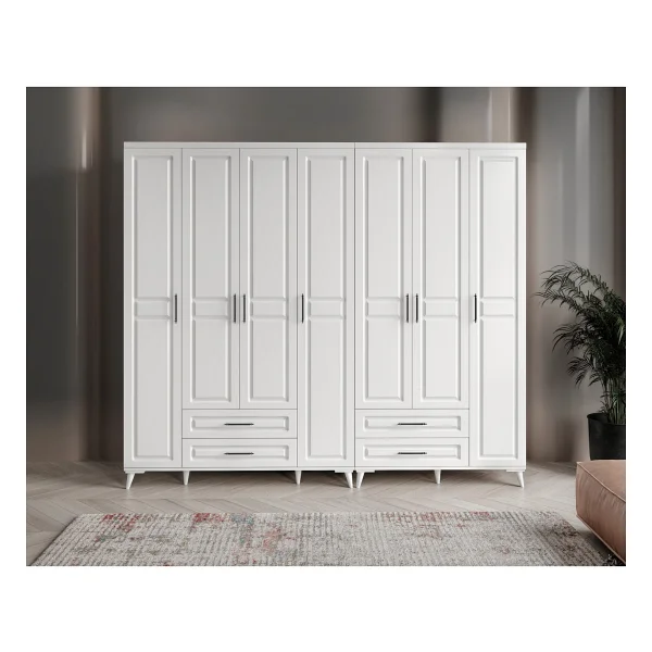 GuneyStore Ücretsiz Montaj - %100 MDF Gözde 7 Kapaklı Yüklüklü Beyaz Gardırop - MDF Dolap - Elbise Dolabı - Görsel 3