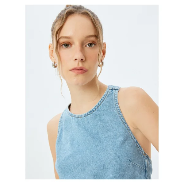 Koton Crop Kolsuz Sırt Detaylı Bisiklet Yaka Denim Atlet - Mavi - Görsel 8