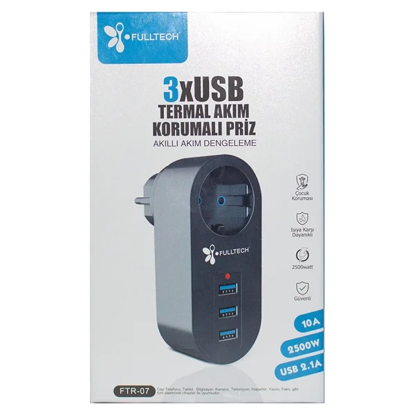 Fulltech Akım Korumalı Tekli Priz - Akıllı Akım Dengeleme - 3 X USB - Isıya Karşı Dayanıklı (4738) - Görsel 2