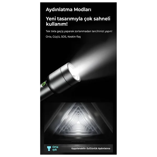 Philips Sfl1236 3w 300 Lümen Şarj Edilebilir LED El Feneri Siyah Ultra Hafif, 3 Işık Modlu (200mt Menzil, Ip44 Su Geçirmez) (Ramwhite Garantili) - Görsel 3
