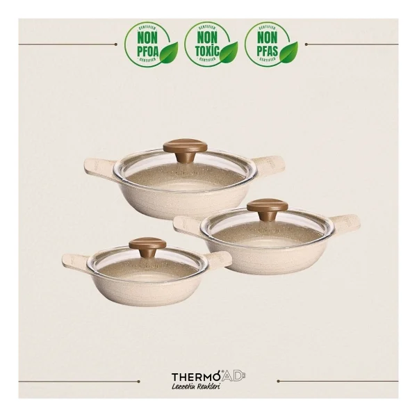 Thermoad Döküm Saplı Güveç Sahan Set 6 Parça Vizon 18cm-20cm-22cm - Görsel 6