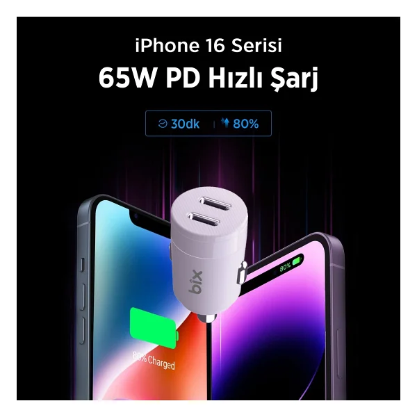 Bxcc65c 65w Çift Portlu Type-C Araç Şarj Aleti iPhone & Android & Notebook Mini Araç İçi Şarj Cihazı Beyaz - Görsel 3