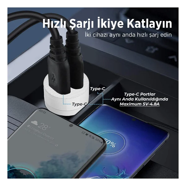 Bxcc65c 65w Çift Portlu Type-C Araç Şarj Aleti iPhone & Android & Notebook Mini Araç İçi Şarj Cihazı Beyaz - Görsel 4