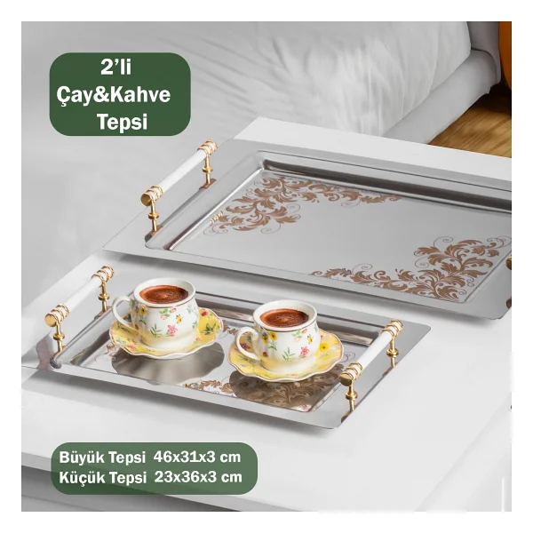 Porsima Yüzük 2li Paslanmaz Çelik Gümüş Kahve Tepsisi Gold Beyaz Desenli Dekoratif Servis Sunum Tepsisi - Görsel 5