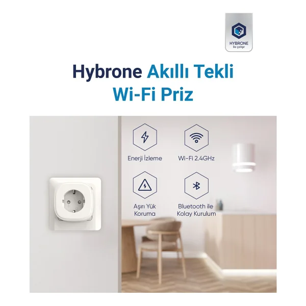 Hybrone Akım Korumalı Wi-Fi Akıllı Priz, 16 Amper, Enerji İzleme, Çocuk Kilidi, Uygulama ile Uzaktan Kontrol - Beyaz - 1 Adet - Görsel 2