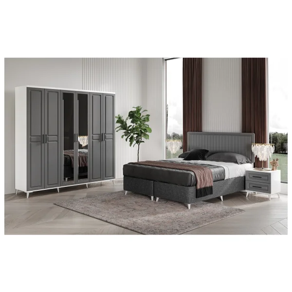 Guneystore Ücretsiz Montaj - %100 Mdf - Sport 6 Kapaklı Antrasit-Beyaz Yatak Odası Takımı Baza Dahil - Antrasit - Beyaz - Görsel 5