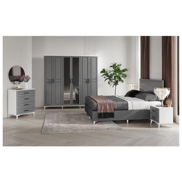Guneystore Ücretsiz Montaj - %100 Mdf - Sport 6 Kapaklı Antrasit-Beyaz Yatak Odası Takımı Baza Dahil - Antrasit - Beyaz - Görsel 3