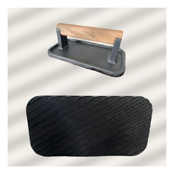 Döküm Demir Et Mühürleme, Piknik Tost Ve Burger Pres Aparatı, Ahşap Saplı Seasoning (Yağlama) Işlemi Yapılmış, 10,5x20 Cm - Oluk Desenli - Siyah - Görsel 3