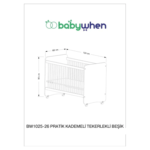 Baby When Bw1025 Pratik Kademeli Tekerlekli Beşik Beyaz 60x120 - Görsel 6