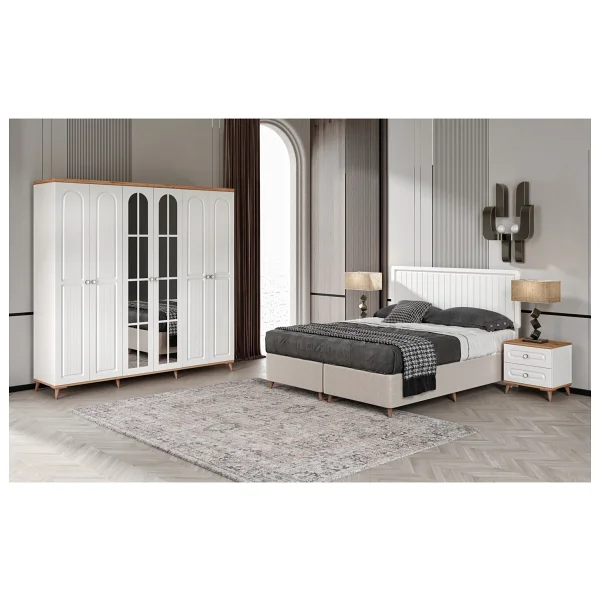 Guneystore Ücretsiz Montaj - 100% Mdf Bohem 6 Kapaklı Yatak Odası Takımı Gardırop - Mdf Dolap - Elbise Dolabı - Atlantik Çam - Beyaz - Görsel 5