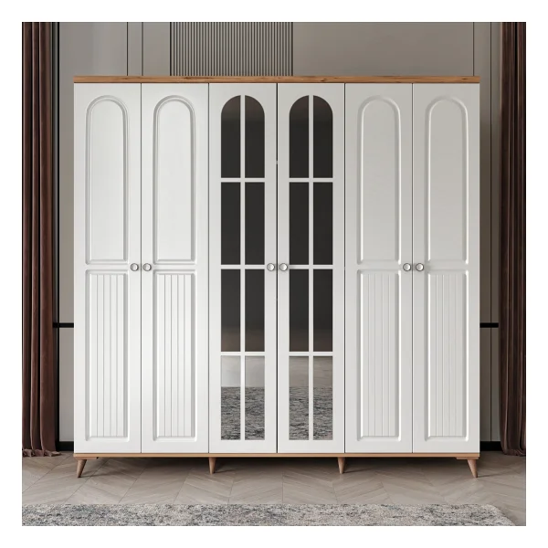 Guneystore Ücretsiz Montaj - 100% Mdf Bohem 6 Kapaklı Yatak Odası Takımı Gardırop - Mdf Dolap - Elbise Dolabı - Atlantik Çam - Beyaz - Görsel 2