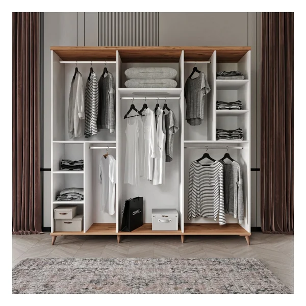 Guneystore Ücretsiz Montaj - 100% Mdf Bohem 6 Kapaklı Yatak Odası Takımı Gardırop - Mdf Dolap - Elbise Dolabı - Atlantik Çam - Beyaz - Görsel 4